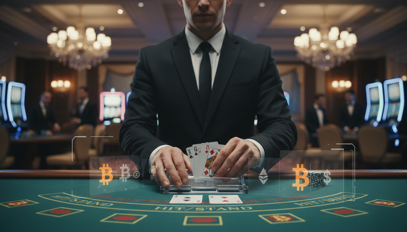 A professional live casino dealer at a blackjack table with digital Bitcoin overlays