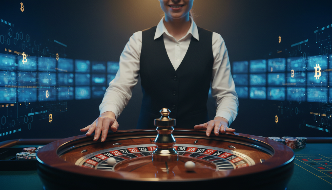 A high-tech live roulette studio with a professional dealer and digital Bitcoin data overlays