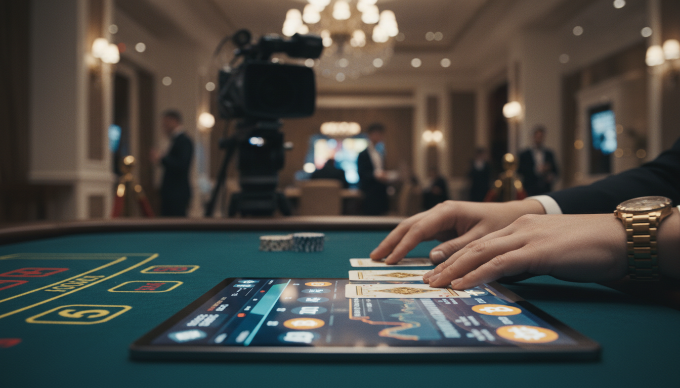 Professional live baccarat dealer in a high-tech studio with a Bitcoin interface on a nearby tablet