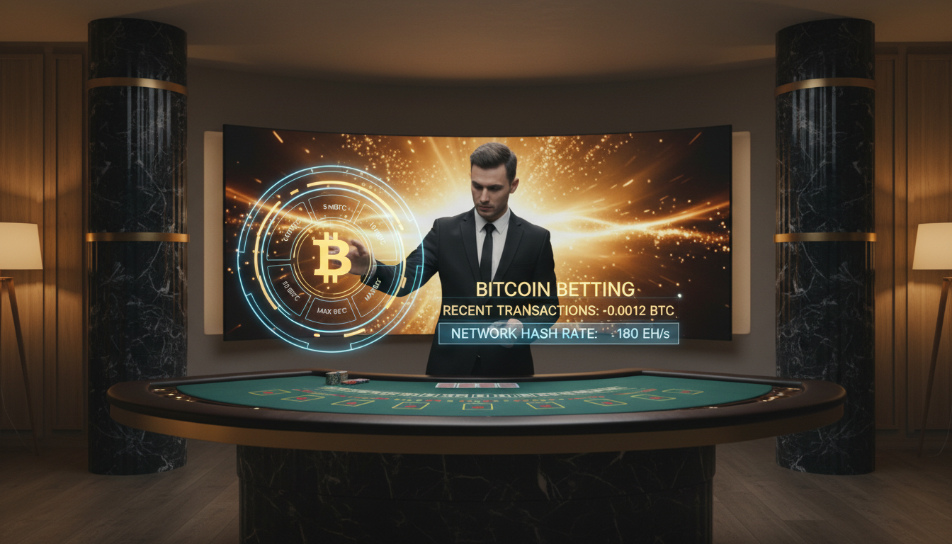 Professional live casino dealer at a blackjack table with digital Bitcoin betting overlays