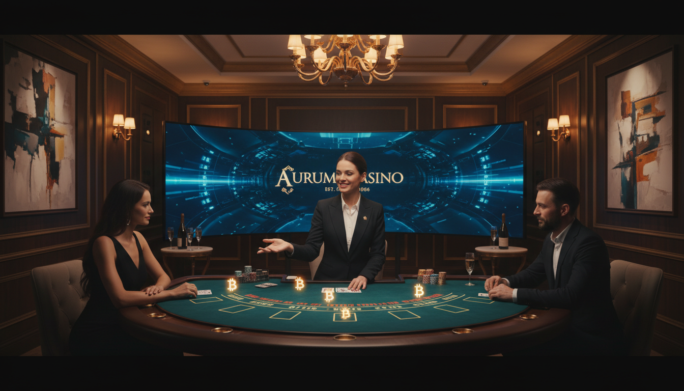 A professional live dealer hosting an exclusive VIP Bitcoin blackjack table in a luxury studio